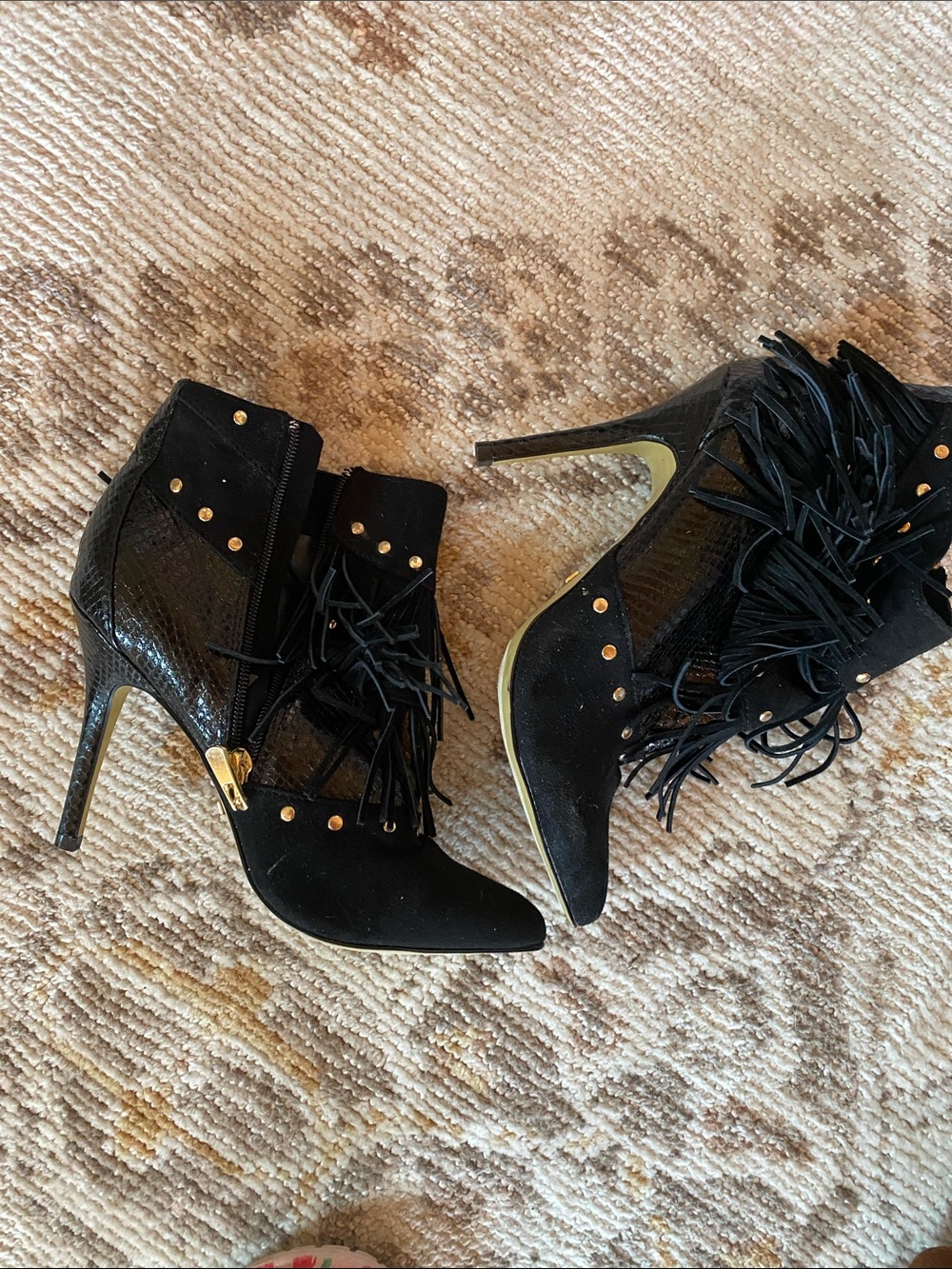 bebe Black Fringe & Gold-Stud Pointed Ankle Booties